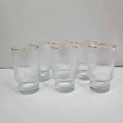 Set de 6 Vasos de Cristal Acanalado con Borde Dorado