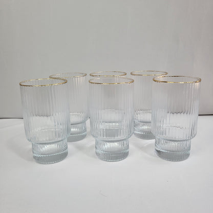 Set de 6 Vasos de Cristal Acanalado con Borde Dorado