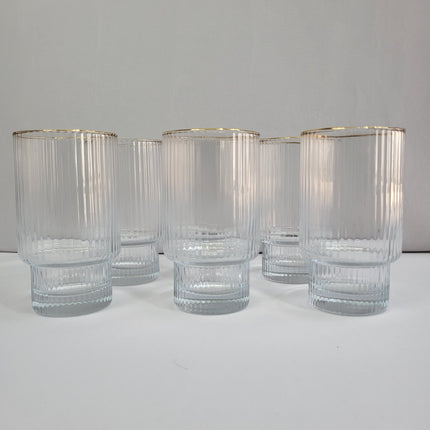 Set de 6 Vasos de Cristal Acanalado con Borde Dorado