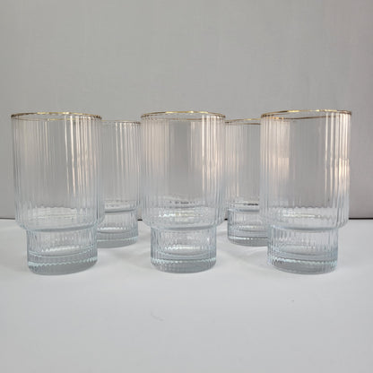 Set de 6 Vasos de Cristal Acanalado con Borde Dorado