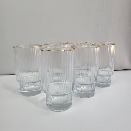 Set de 6 Vasos de Cristal Acanalado con Borde Dorado