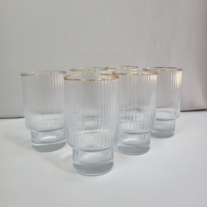 Set de 6 Vasos de Cristal Acanalado con Borde Dorado