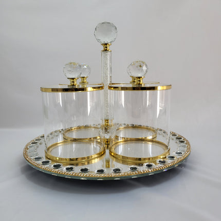 Set de Bandeja Espejo con Tarros de Cristal y Detalles Dorados