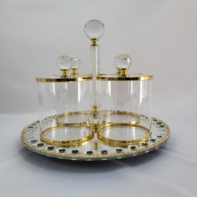 Set de Bandeja Espejo con Tarros de Cristal y Detalles Dorados