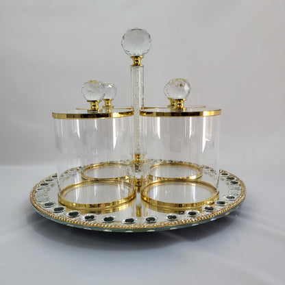 Set de Bandeja Espejo con Tarros de Cristal y Detalles Dorados