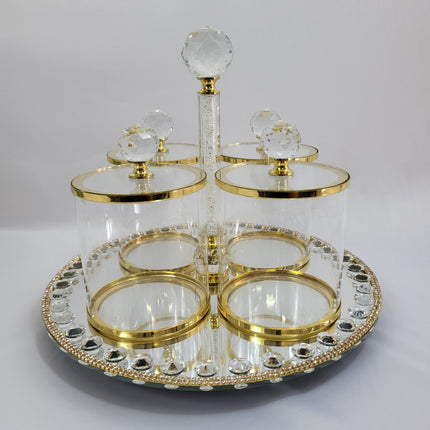 Set de Bandeja Espejo con Tarros de Cristal y Detalles Dorados