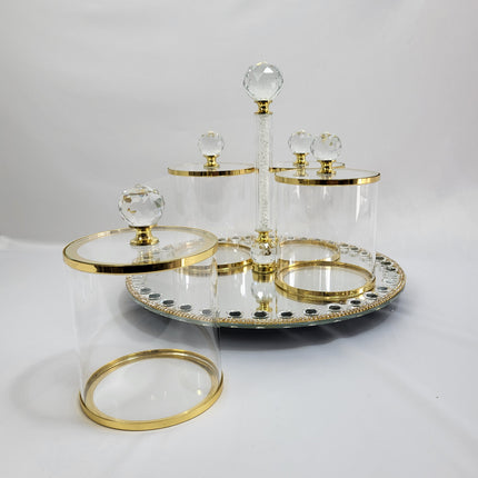 Set de Bandeja Espejo con Tarros de Cristal y Detalles Dorados