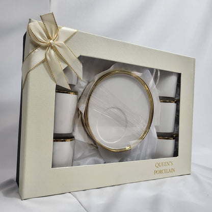 Set de 6 Tazas de Porcelana Blanca con Borde Dorado y Platillo - Queen's Porcelain