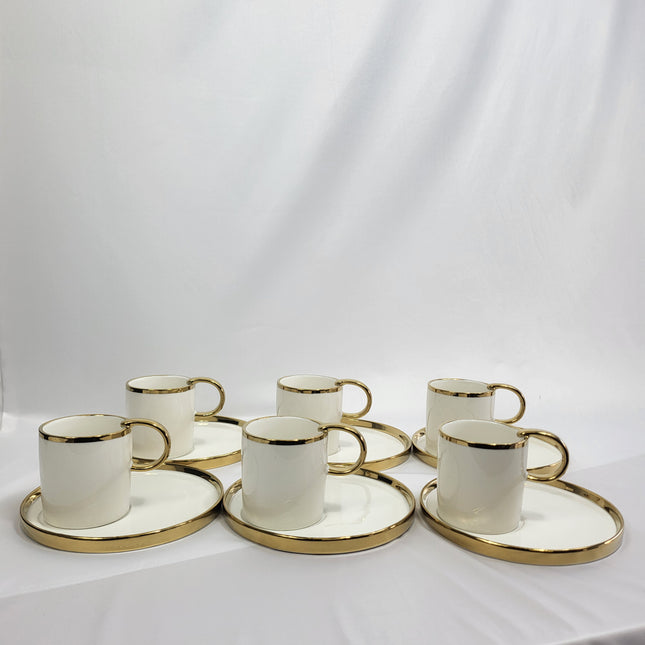 Set de 6 Tazas de Porcelana Blanca con Borde Dorado y Platillo - Queen's Porcelain