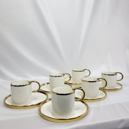 Set de 6 Tazas de Porcelana Blanca con Borde Dorado y Platillo - Queen's Porcelain