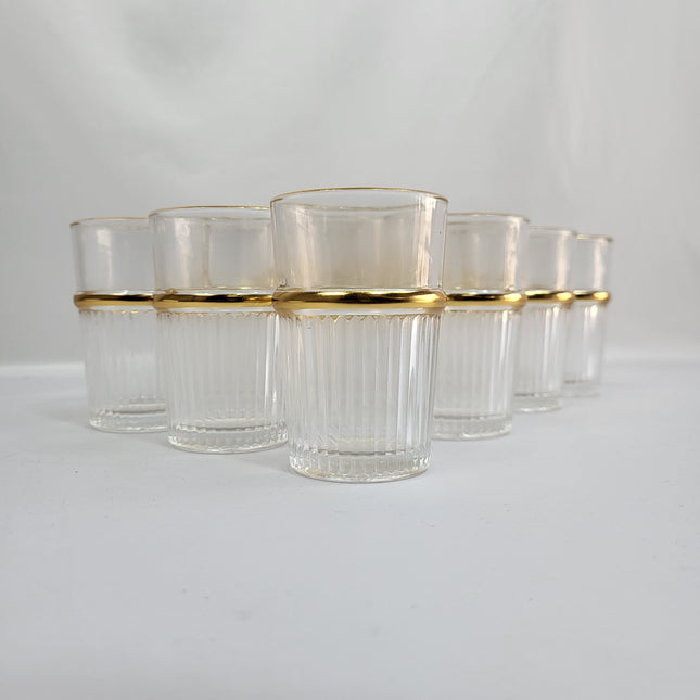 Set de 12 Vasos de Cristal con Estrías Verticales y Borde Dorado