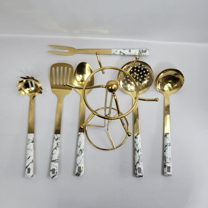 Set de Utensilios de Cocina Marble Gold 7 Piezas con Soporte