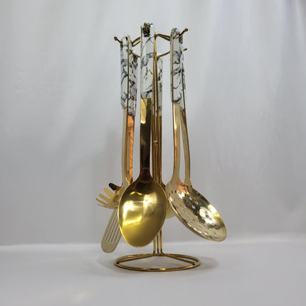 Set de Utensilios de Cocina Marble Gold 7 Piezas con Soporte