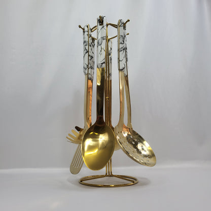 Set de Utensilios de Cocina Marble Gold 7 Piezas con Soporte