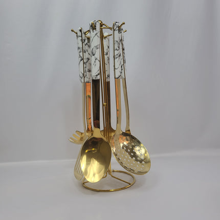 Set de Utensilios de Cocina Marble Gold 7 Piezas con Soporte