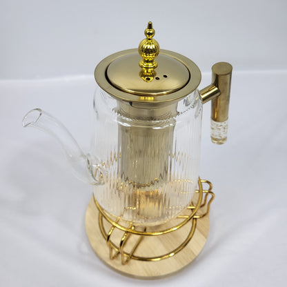 Tetera de Cristal Nayra con Infusor Dorado y Soporte Calientabebidas