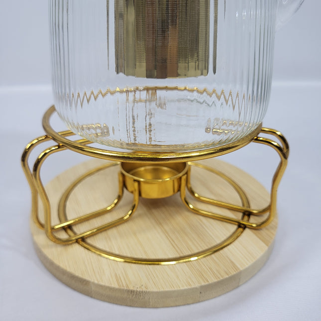 Tetera de Cristal Nayra con Infusor Dorado y Soporte Calientabebidas