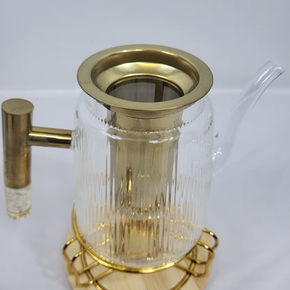 Tetera de Cristal Nayra con Infusor Dorado y Soporte Calientabebidas