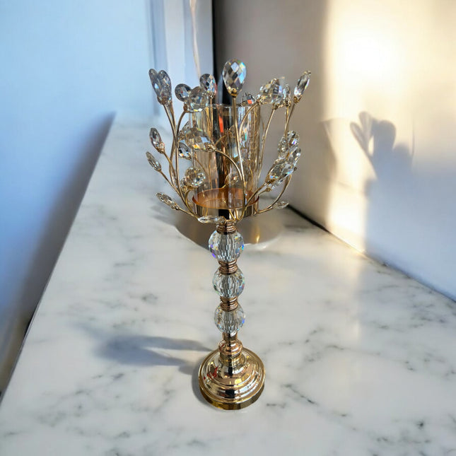 🕯️ Candelabro Decorativo de Cristal y Metal Dorado – 56 cm