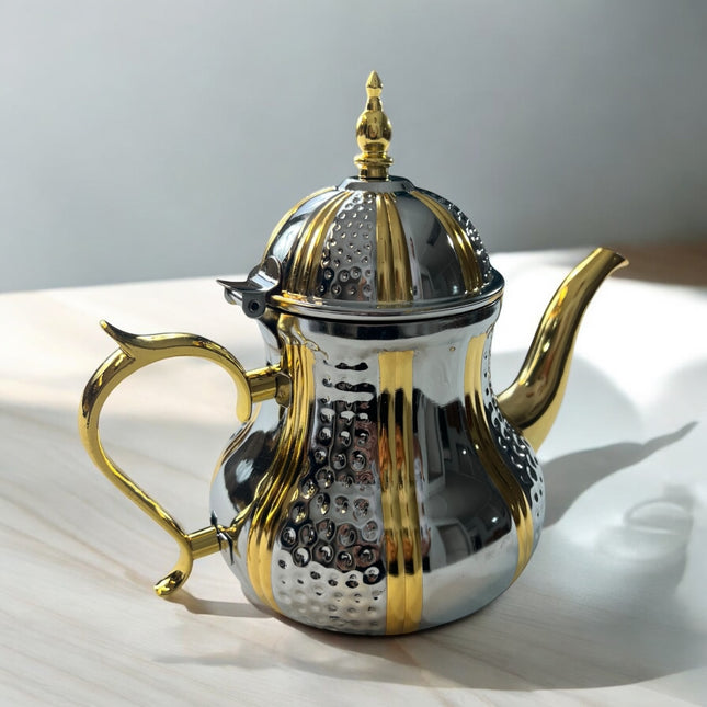 🫖 Tetera Árabe Clásica de Acero Inoxidable con Detalles Dorados – Elegancia y Tradición