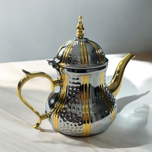 🫖 Tetera Árabe Clásica de Acero Inoxidable con Detalles Dorados – Elegancia y Tradición