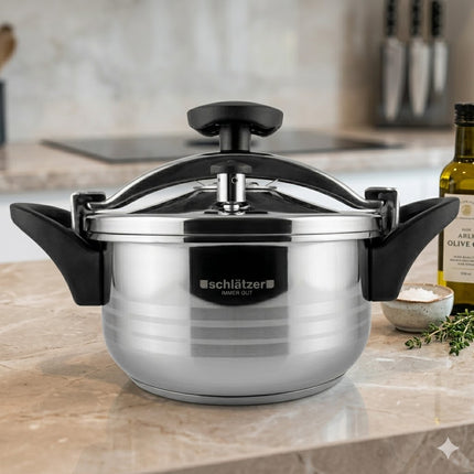Olla a Presión de Acero Inoxidable Schleïzer con Vaporera — 4L / 6L / 8L — Cocina Rápida y Segura