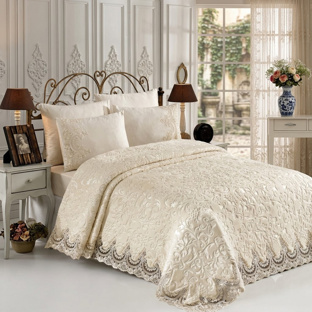 Conjunto de cobertores Banu Cream – Elegância e aconchego para seu quarto