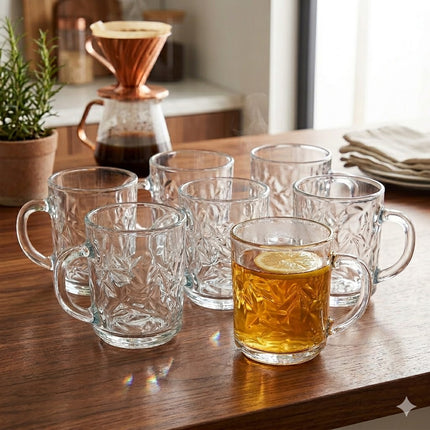 Set de 6 tazas de cristal con relieve y asa