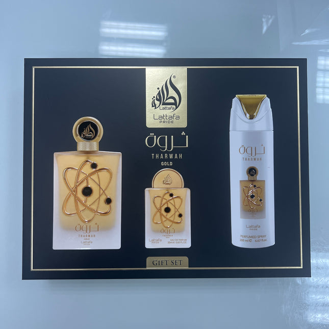 🎁 Set de Regalo Lattafa Tharwah Gold – Agua de Perfume 100 ml + Spray Perfumado 200 ml + Mini EDP 20 ml