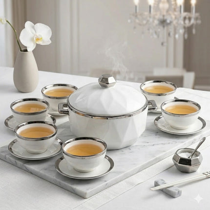 🍵 Juego de Sopera y Tazas de Porcelana Blanca con Borde Plateado – 2,7L-Set Elegante 7 Piezas