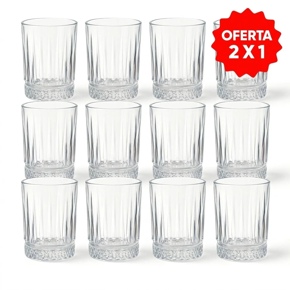 2 x 1 Pack 12 Vasos de Cristal | Diseño Clásico Tallado | Vasos Resistentes para Agua, Té y Refrescos