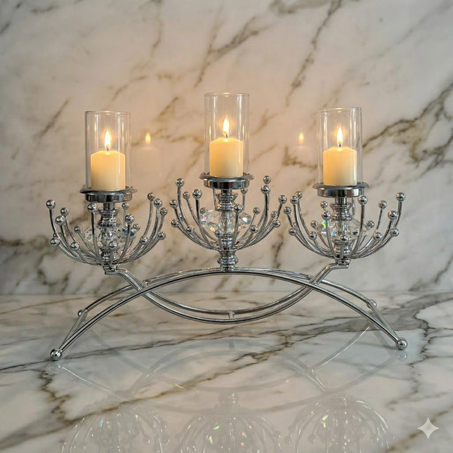 Castiçal em cristal prateado para 3 velas – Centro de mesa moderno e elegante