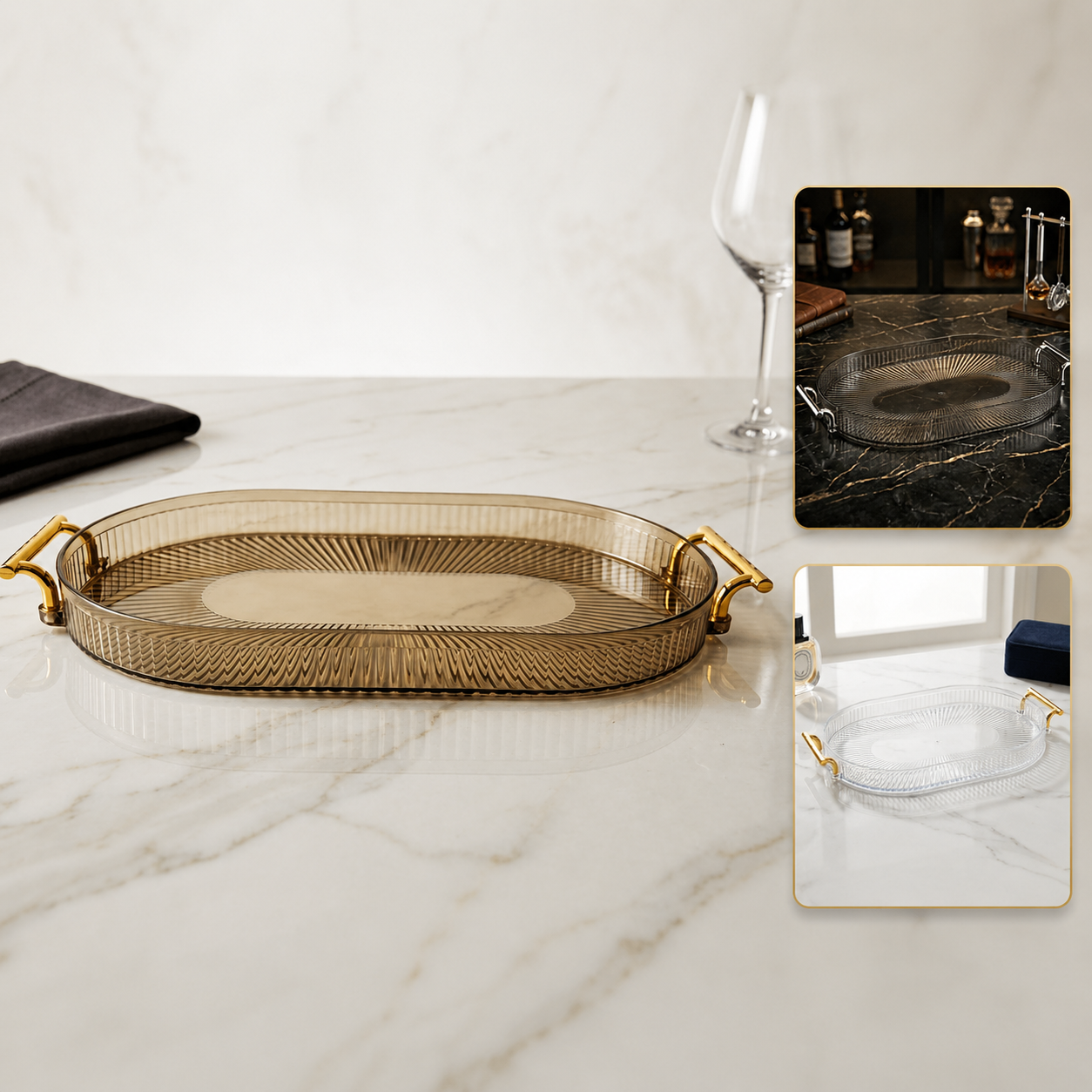 🟠 Bandeja oval grande com alças douradas – Funcionalidade e estilo em um só – Plástico DOURADO