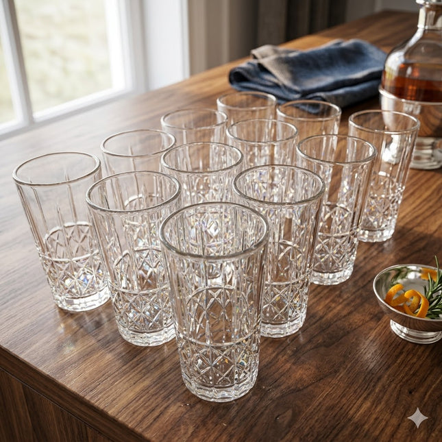 Vasos Cristalino Diamond 12 piezas – Vidrio Transparente con Relieve Tallado