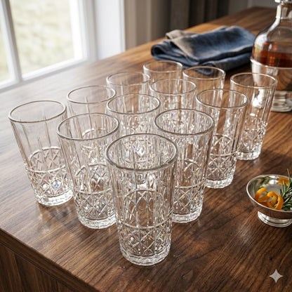 Vasos Cristalino Diamond 12 piezas – Vidrio Transparente con Relieve Tallado
