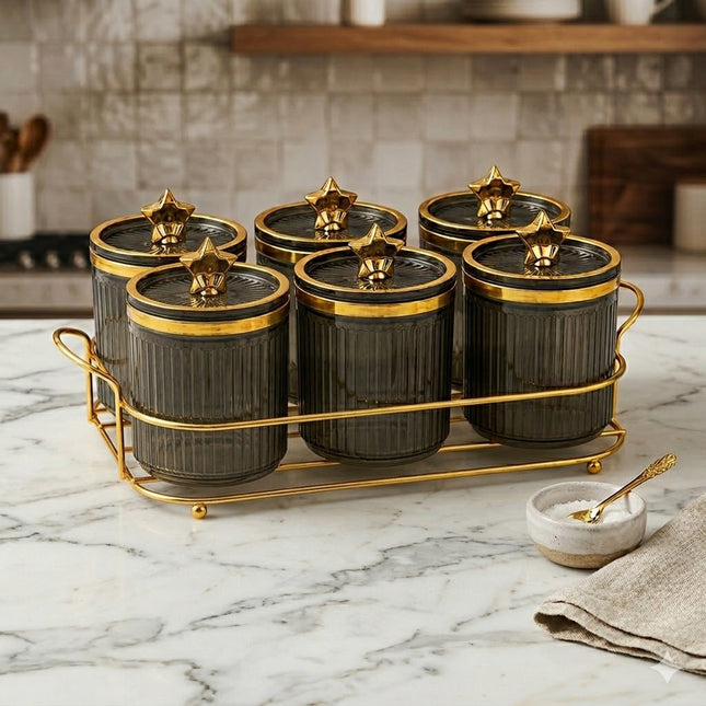 Set de 6 Frascos de PLÁSTICO con Tapa Dorada y Base Metálica Elegante