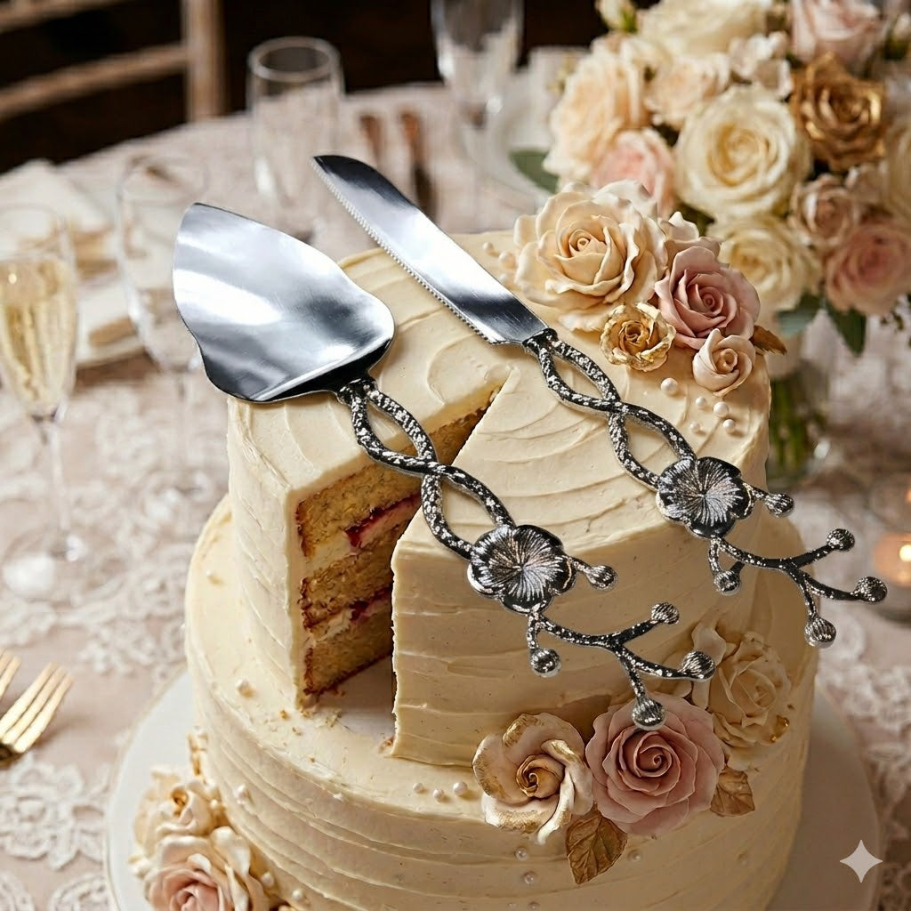 Set de Servidor de Pasteles Plateado Clásico - Decorado Flor