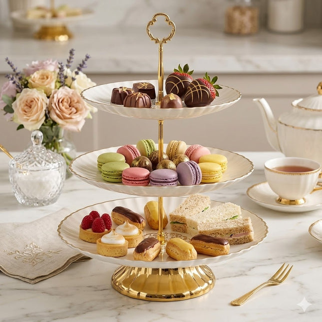 🍰 Tabuleiro de plástico de 3 andares com detalhes dourados – Elegância para a sua secretária