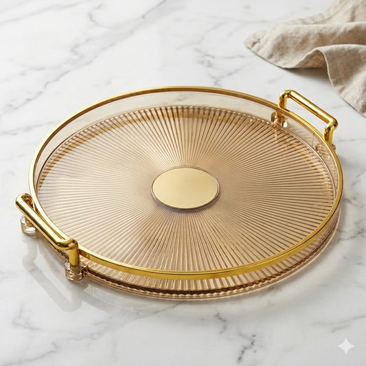 🟠 Round Tray with Gold Handles – Elegance for Serving or Decorating - GOLD Plastic