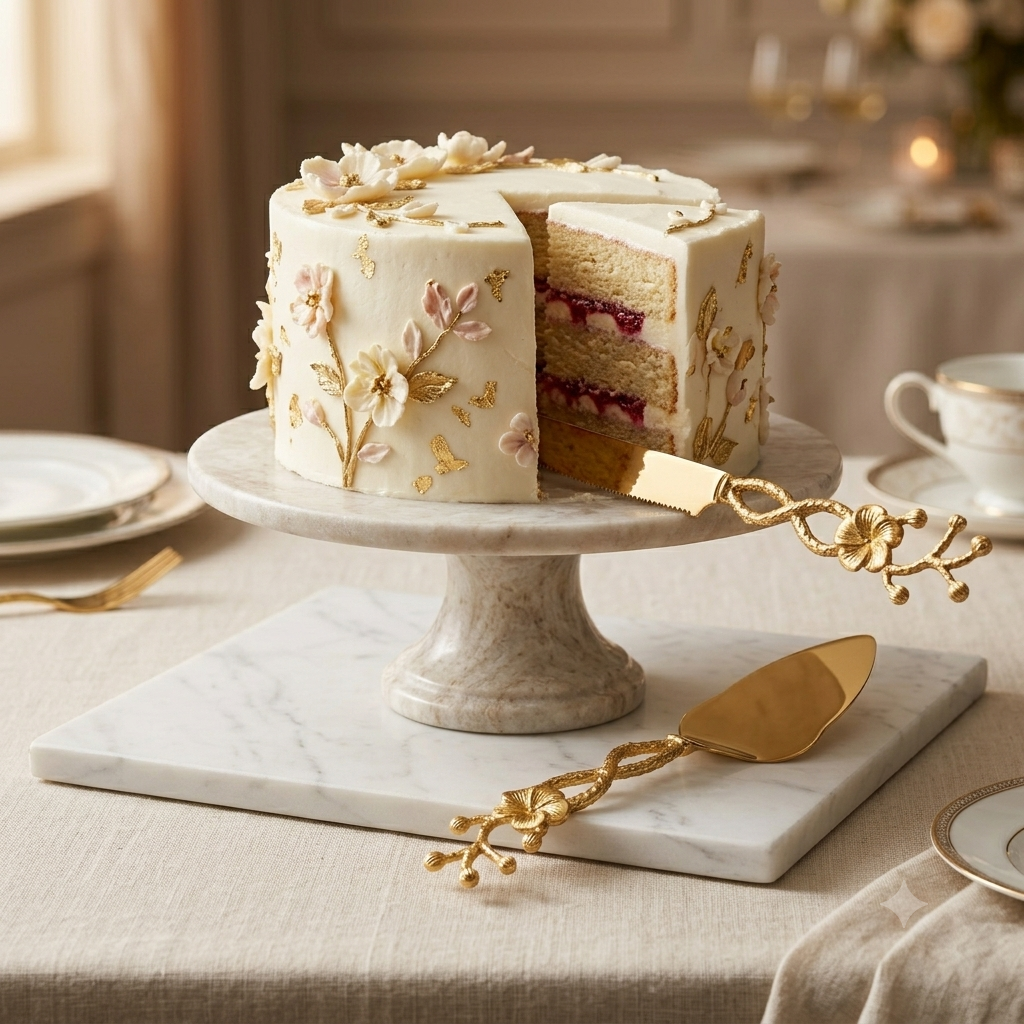 Set de Servidor de Pasteles Dorado Clásico - Decorado Flor