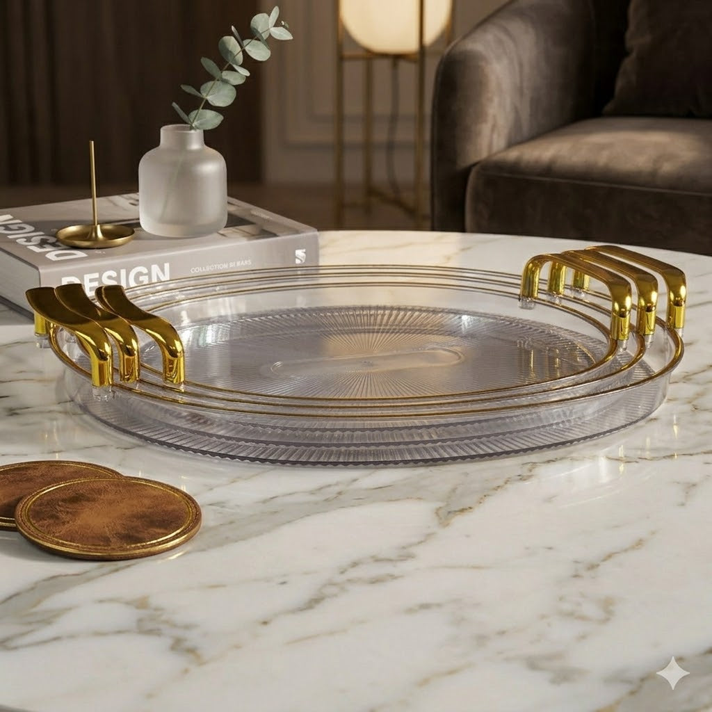🍽️ Set de 3 Bandejas Ovaladas de Plástico con Asas Doradas – Diseño Elegante y Resistente