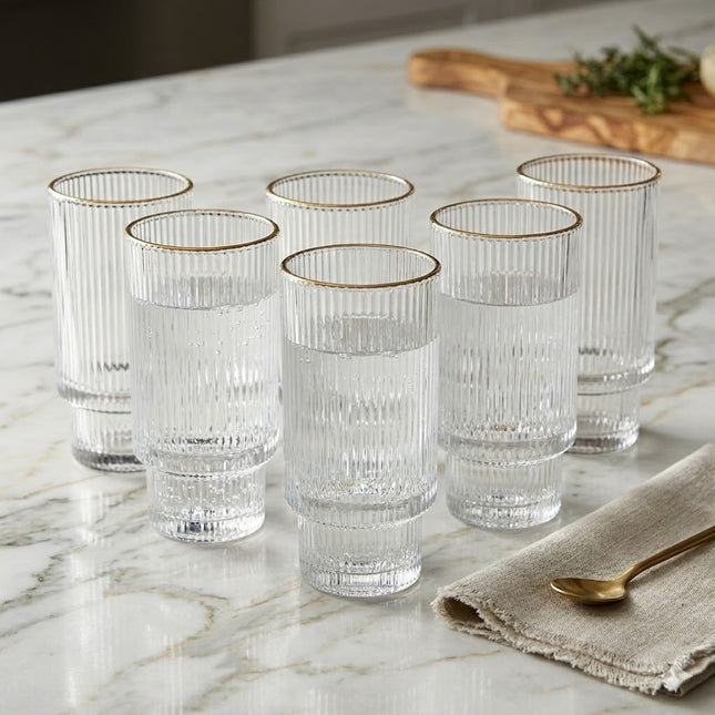 🥂 Set of 6 Highball Glasses with Gold Rim – Fluted Crystal Design
