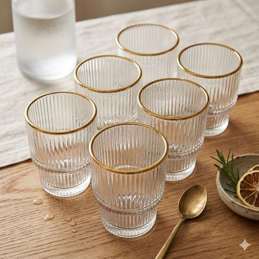 🥃 Conjunto de 6 Copos de Vidro com Design Canelado e Bordas Douradas – Elegância para sua Mesa