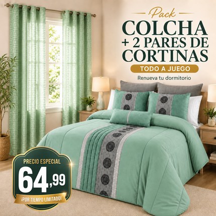 Pack Tóquio Menta – Colcha + 2 Pares de Cortinas a Juego