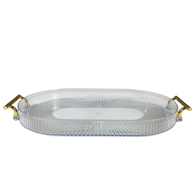 🟠 Bandeja ovalada  Grande con Asas Doradas – Funcionalidad y Estilo en Uno- Plástico TRANSPARENTE