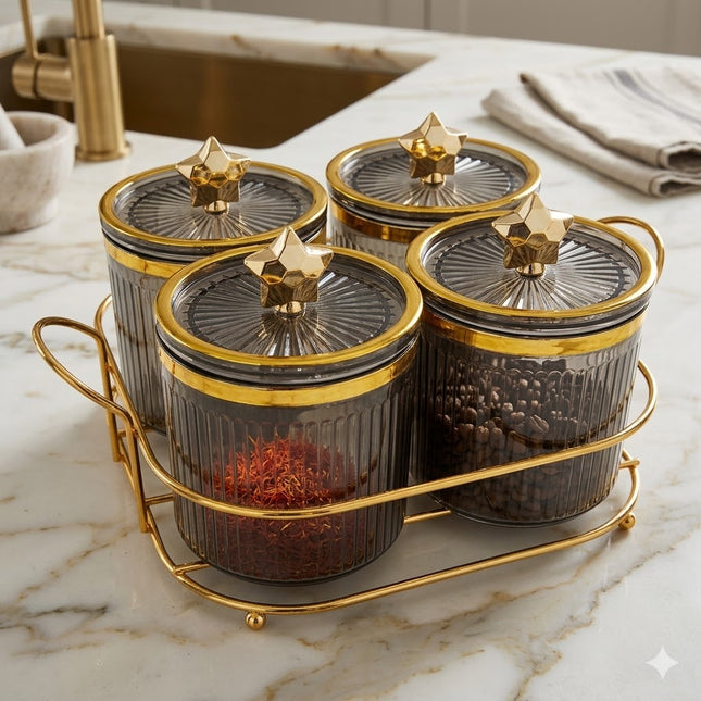 🌟 Set of 4 Jars with Golden Stars 🌟 - SMOKY GRAY plastic