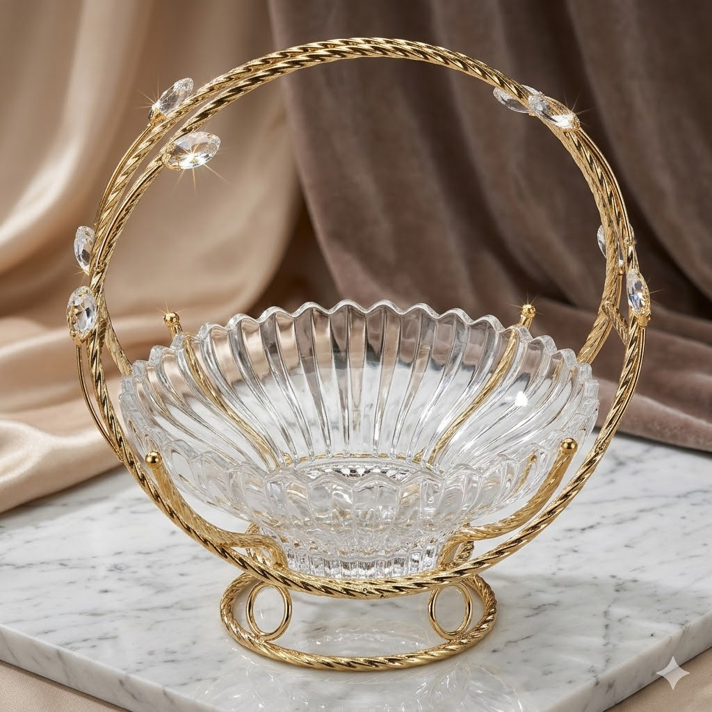 Frutero de Cristal con Asa Dorada y Detalles Decorativos – 28 cm
