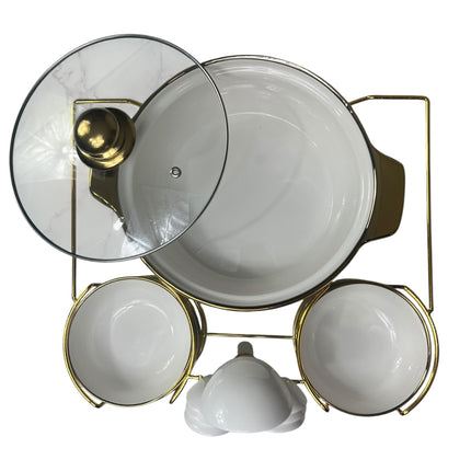 16-Piece Cookware Set with Metal Stand – Casseroles + Bowls + Spoons – Elegant Gold Style