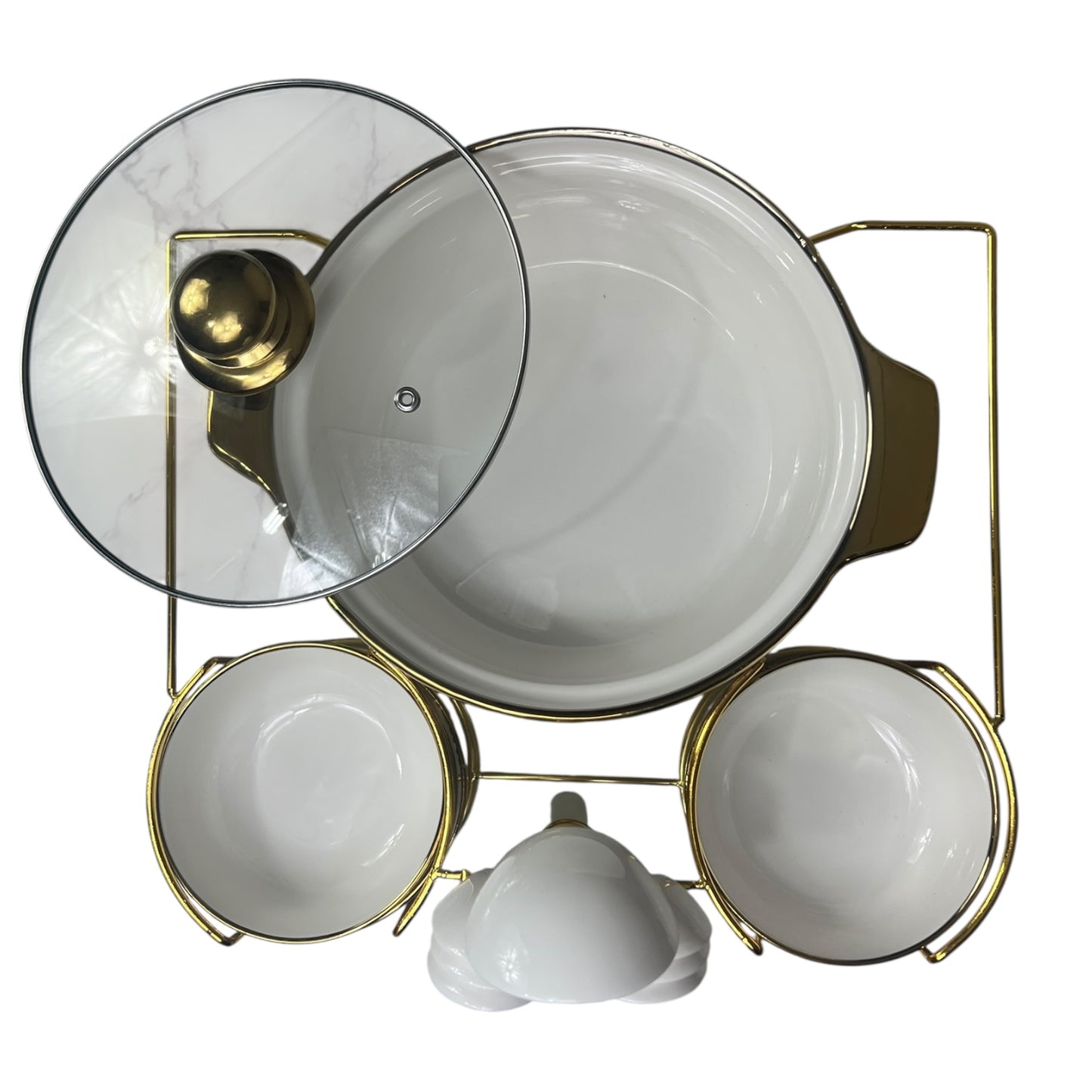 Set de Cocina 16 Piezas con Soporte Metálico – Cazuelas + Cuencos + Cucharas – Estilo Elegante Dorado