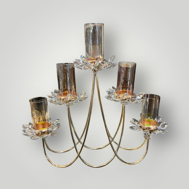 Candelabro Dorado de Cristal para 5 Velas – Centro de Mesa Elegante